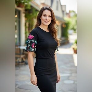 Anthropologie Embroidered Floral Ruffle Sleeve Black Top - XL